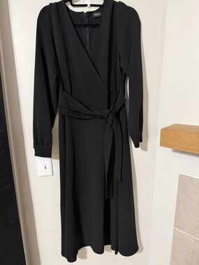 MARELLA Black Long-Sleeve Wrap Midi Dress with Tie Waist